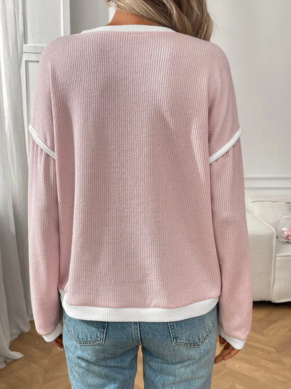 Trendsi Ribbed Contrast Trim Long Sleeve Top