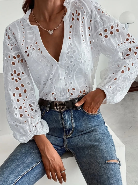 Trendsi Eyelet Embroidered Button Front Shirt with Puffed Sleeves White