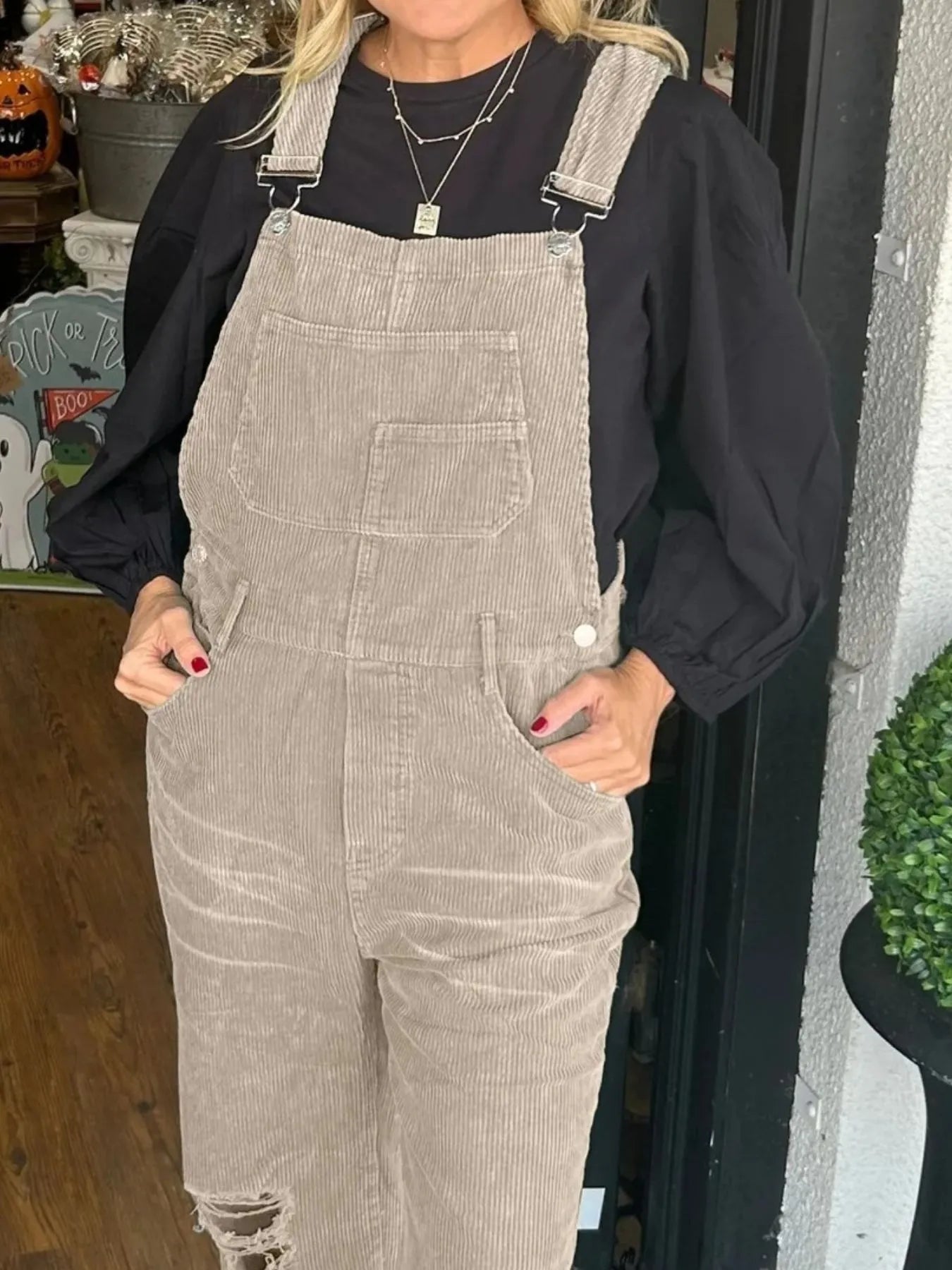 Distressed Wide Leg Corduroy Overalls Easy Apparels
