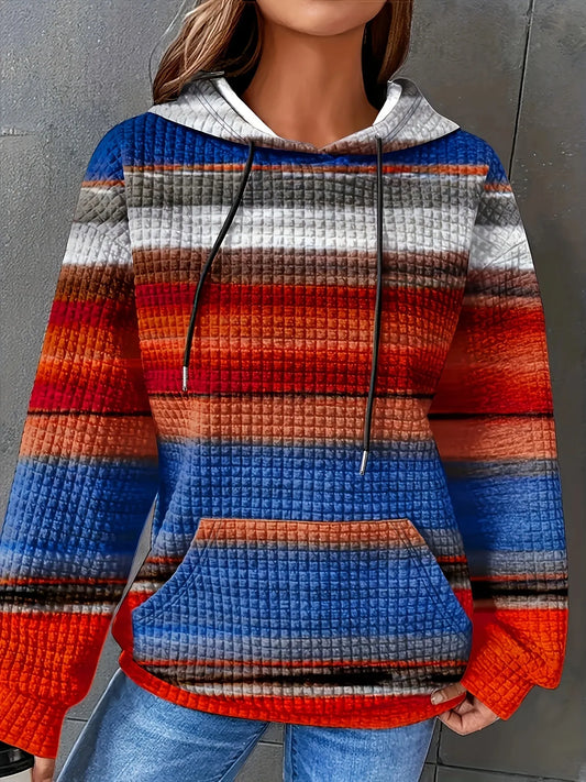 Trendsi Drawstring Striped Kangaroo Pocket Hoodie Blue