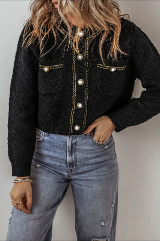 Round Neck Button Up Long Sleeve Cardigan Black Easy Apparels