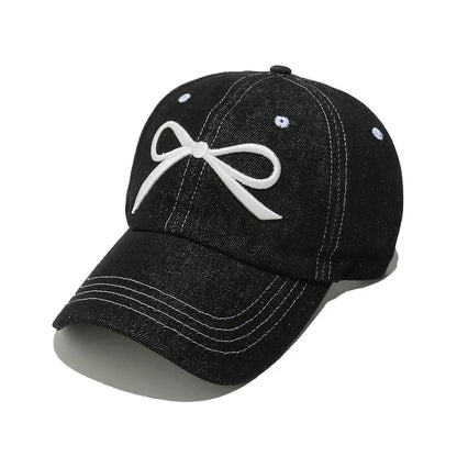 Bow Embroidered Denim Baseball Cap Black One Size Easy Apparels