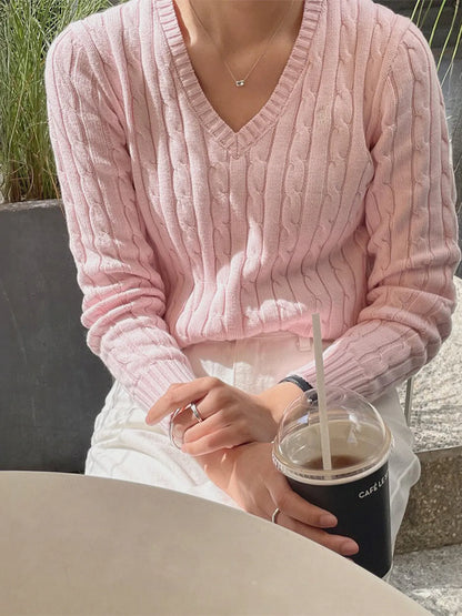 Trendsi Cable Knit V-Neck Pullover Sweater Pink
