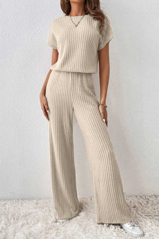 Ribbed Knit Wide Leg Jumpsuit Beige Easy Apparels