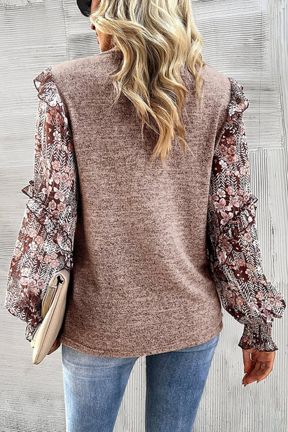 Trendsi Heathered Floral Frill Lantern Sleeve Blouse