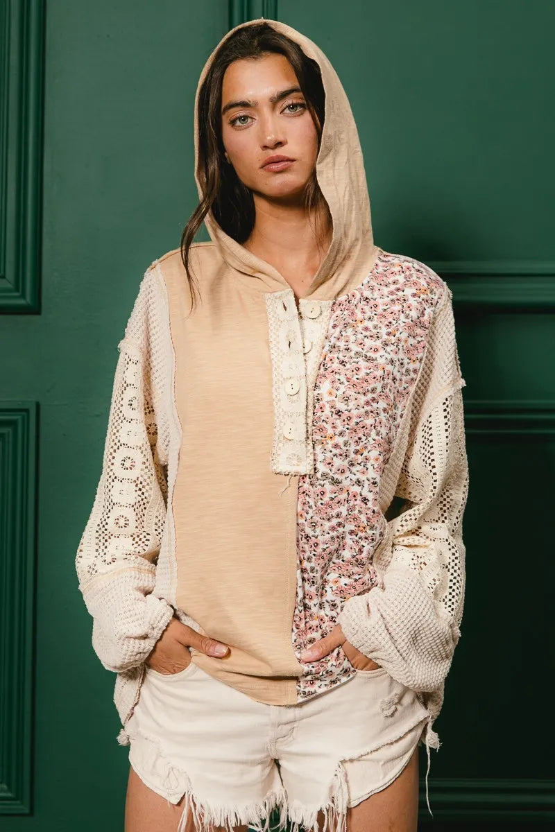 Trendsi BiBi Slub Jersey with Lace Combo Buttoned Hoodie Top