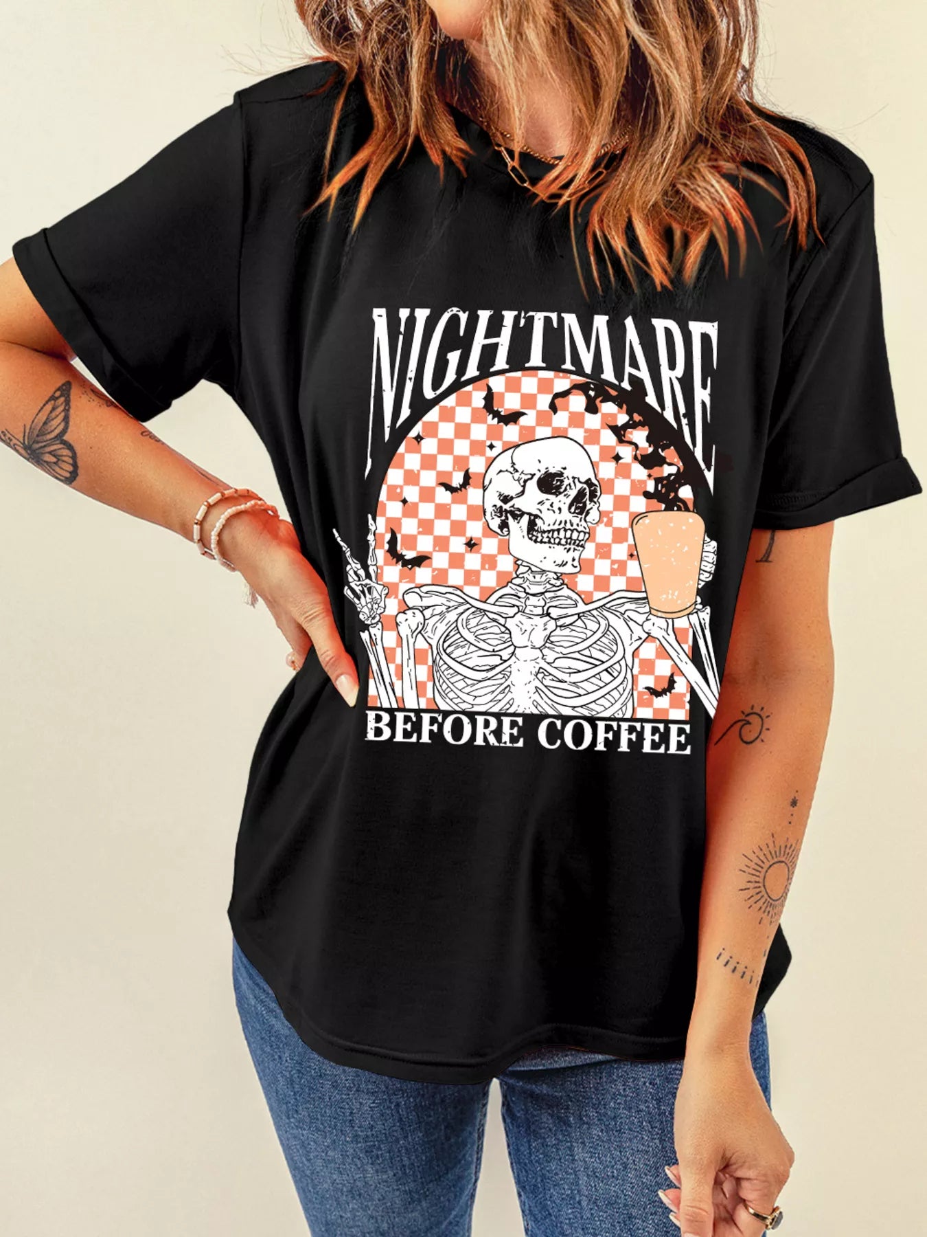 Halloween Skull Checkerboard Graphic Round Neck Tee Easy Apparels