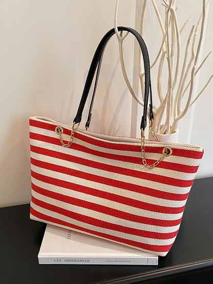 Striped Shoulder Bag with Chain Detail Red One Size Easy Apparels
