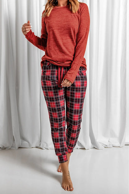 Round Neck Top and Drawstring Plaid Pants Lounge Set Easy Apparels