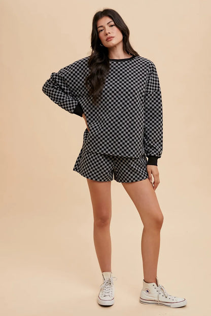 Annie Wear Checkered Round Neck Top and Drawstring Shorts Set Easy Apparels