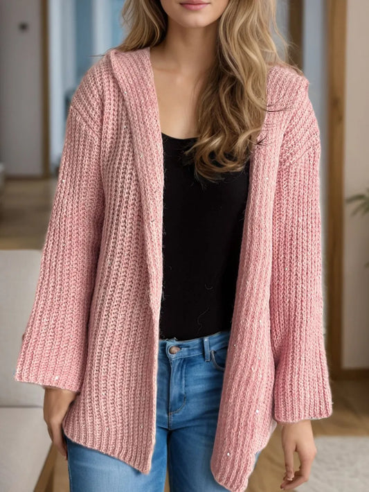 Sequin Detail Long Sleeve Hooded Cardigan Dusty Pink One Size Easy Apparels