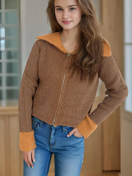 Zip Up Collared Neck Long Sleeve Cardigan Sherbet One Size Easy Apparels