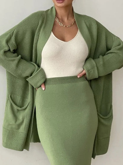 Pocketed Long Sleeve Cardigan and Skirt Sweater Set Easy Apparels