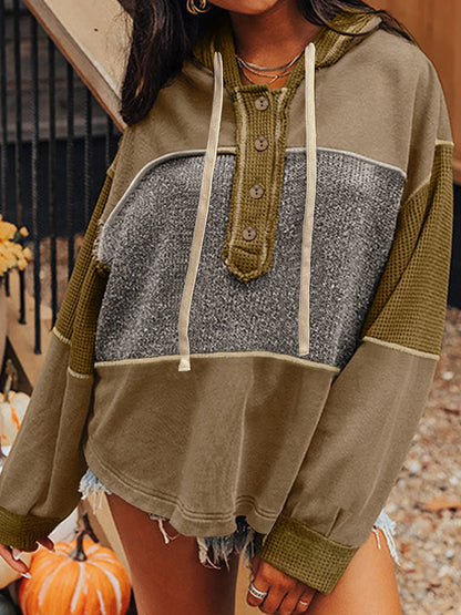Trendsi Mixed Texture Patchwork Exposed Seam Half Button Hoodie
