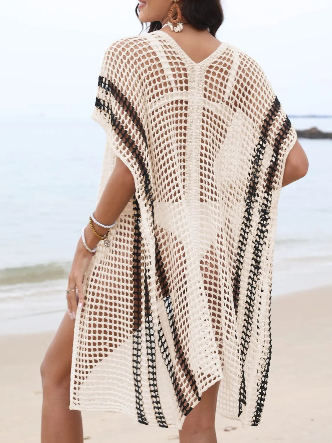 Open Front Contrast Openwork Cover-Up Easy Apparels