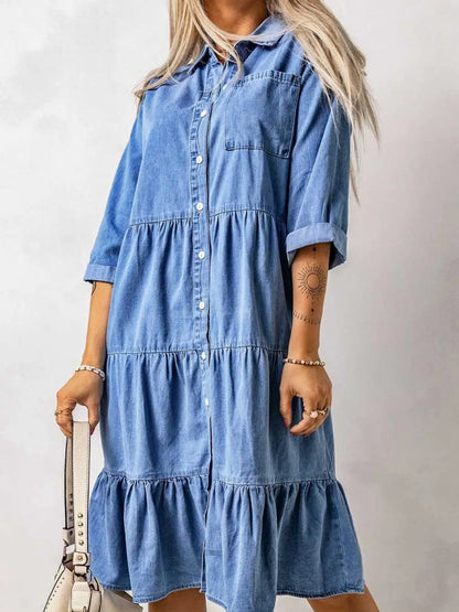 Full Size Ruffled Hem Button Up Denim Midi Dress Plus Size Easy Apparels