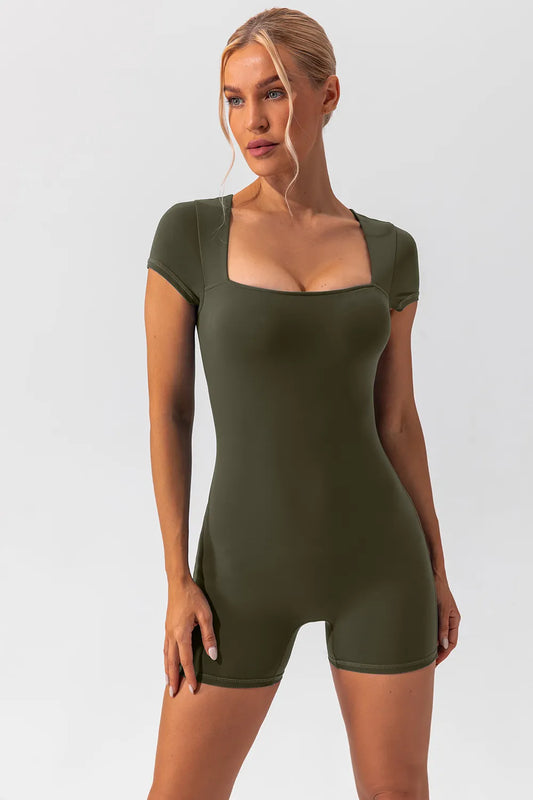 Square Neck Cap Sleeve Active Romper Matcha Green Easy Apparels