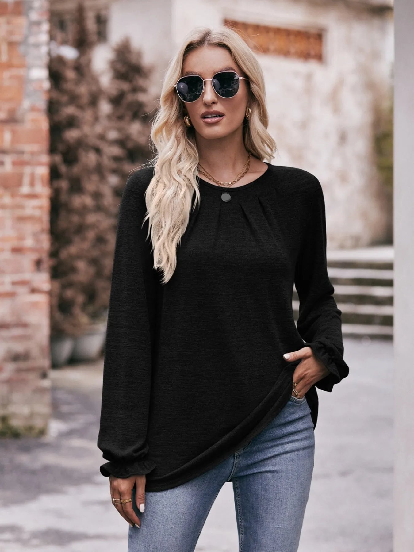 Trendsi Round Neck Long Sleeve Casual T-Shirt Black
