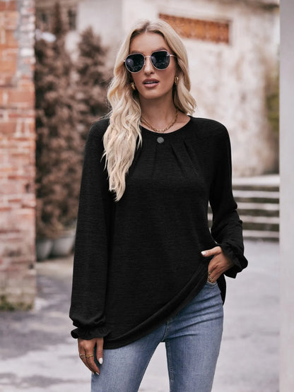 Trendsi Round Neck Long Sleeve Casual T-Shirt Black