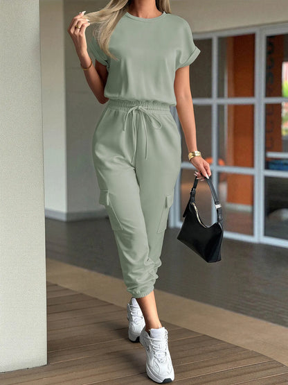 Round Neck Short Sleeve Top and Pants Set Easy Apparels