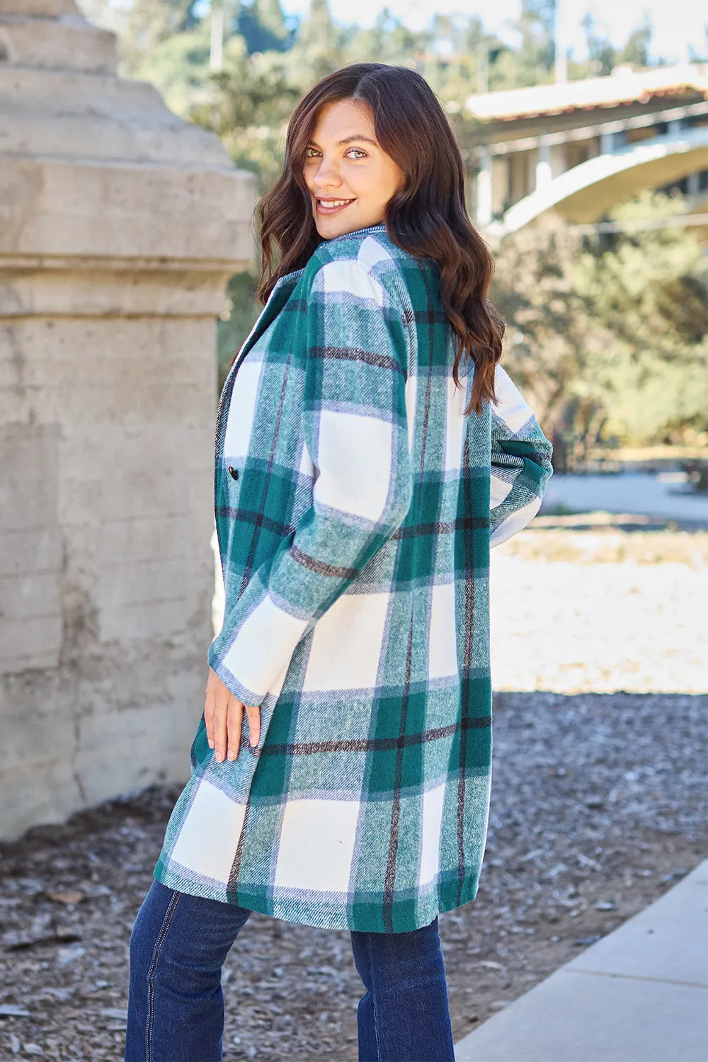 Double Take Full Size Plaid Button Up Lapel Collar Coat Easy Apparels