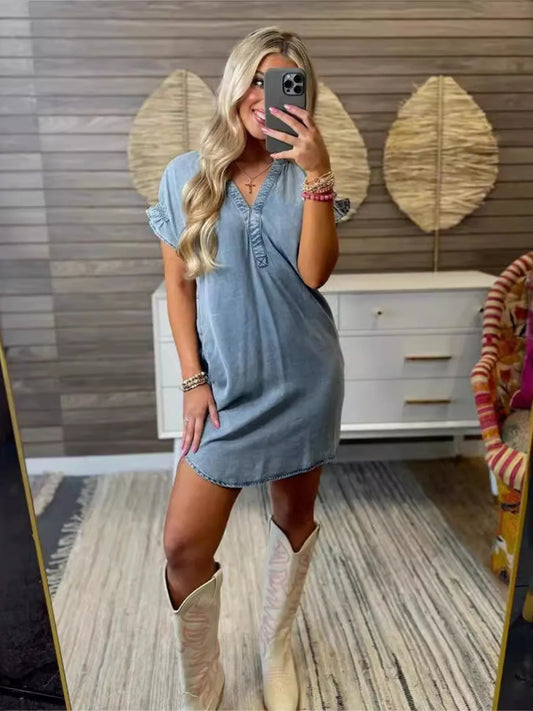 Full Size V-Neck Short Sleeve Denim Dress Plus Size Blue Easy Apparels