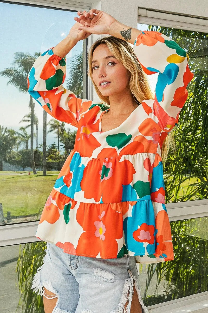 Trendsi BiBi Floral Woven Tiered V Neck Top