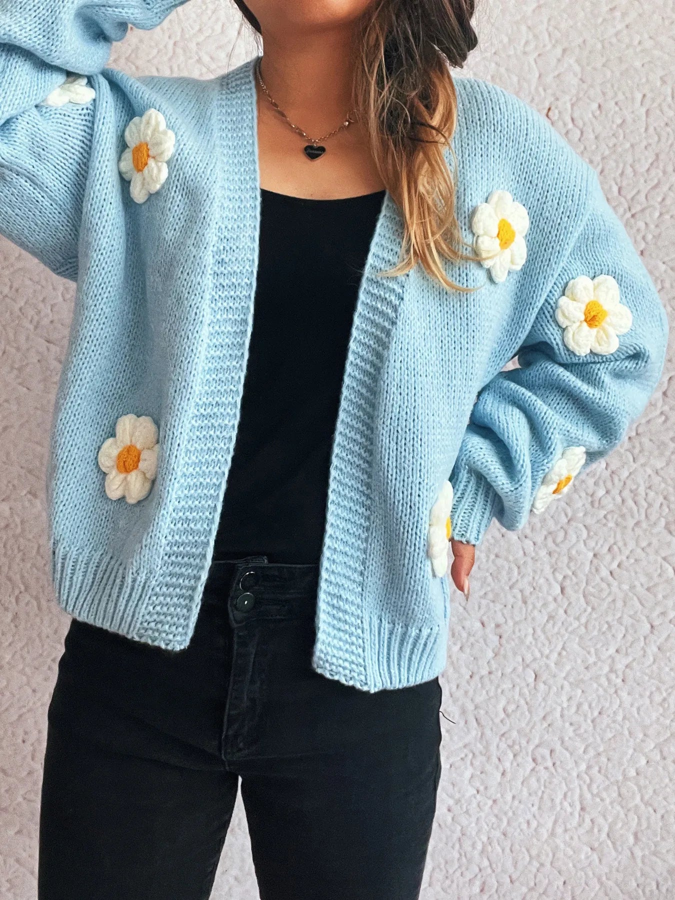 Flower Open Front Long Sleeve Cardigan Easy Apparels