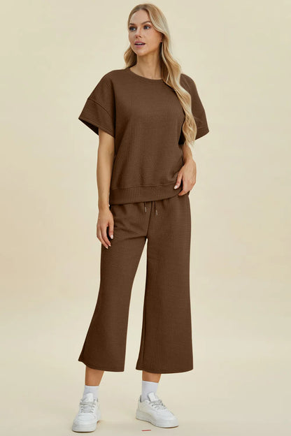 Double Take Full Size Texture Round Neck Top and Pants Set Easy Apparels