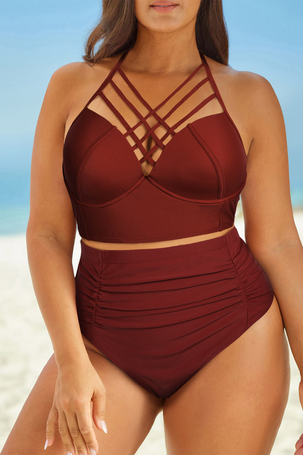 Full Size Halter Neck Crisscross Ruched Two-Piece Swimsuit Rust Easy Apparels