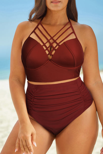 Full Size Halter Neck Crisscross Ruched Two-Piece Swimsuit Rust Easy Apparels