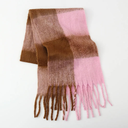 Fringe Contrast Plaid Polyester Scarf Pink One Size Easy Apparels