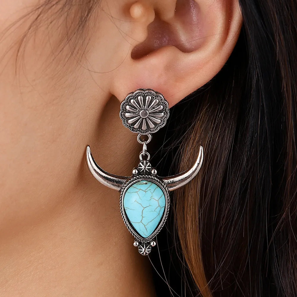 Artificial Turquoise Alloy Cow Head Earrings Easy Apparels