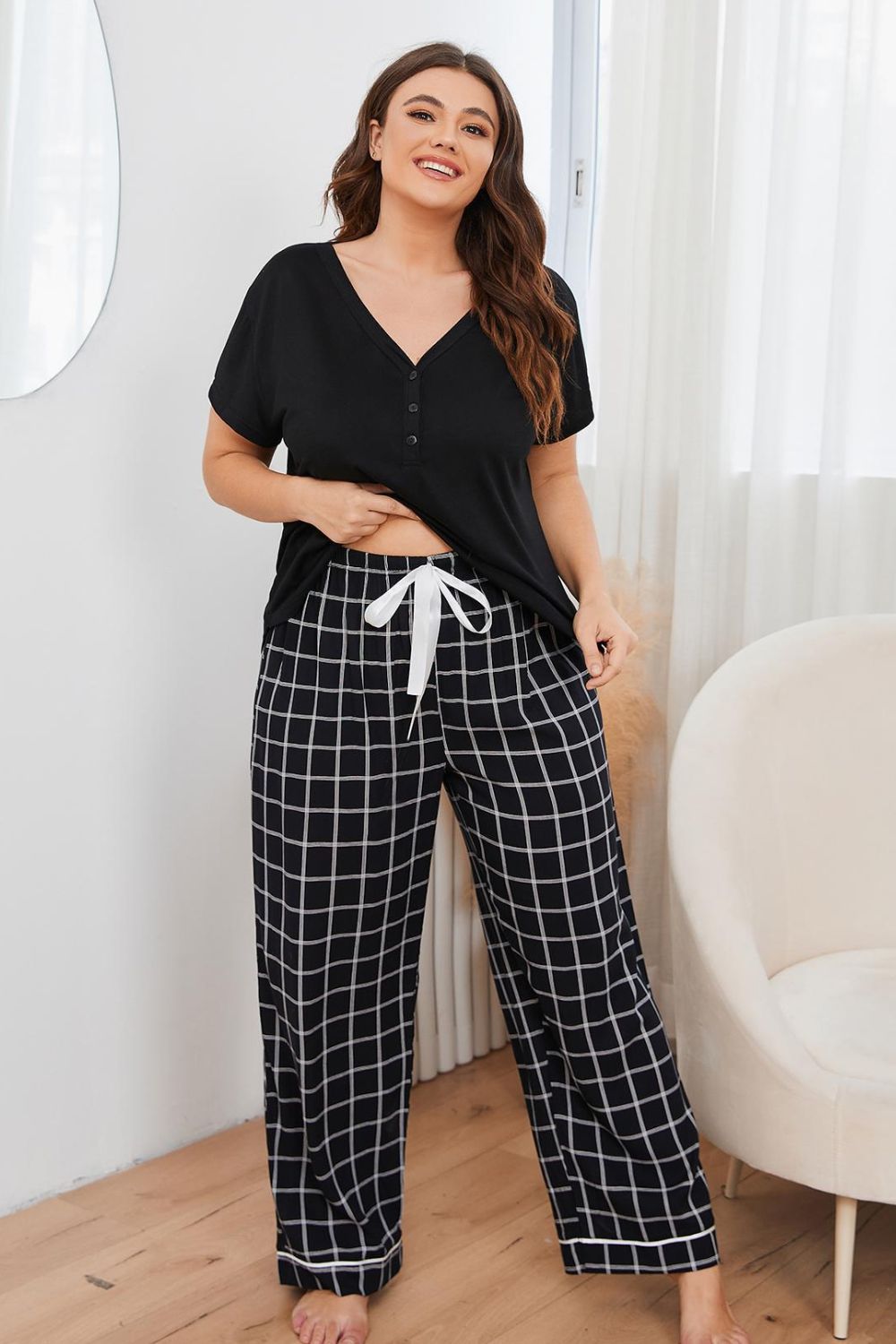 Plus Size V-Neck Top and Plaid Pants Lounge Set Easy Apparels