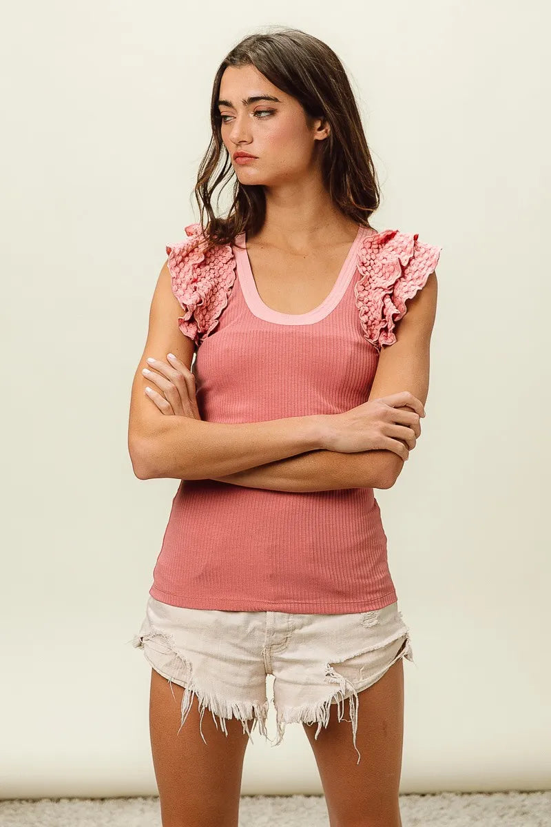 Trendsi BiBi Rib Knit With Textured Ruffled Top