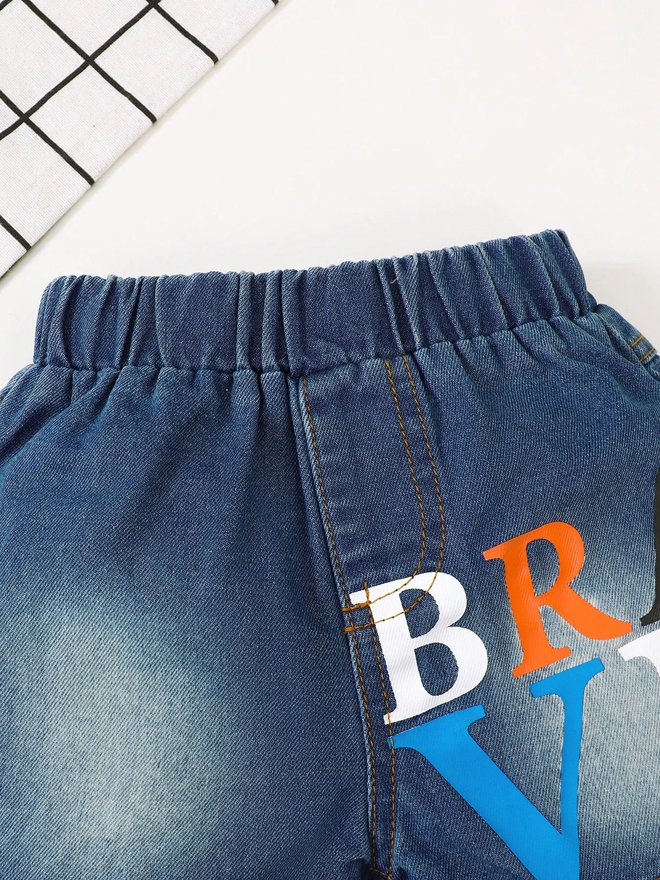 Children's Letter Round Neck Top and Denim Shorts Set Easy Apparels