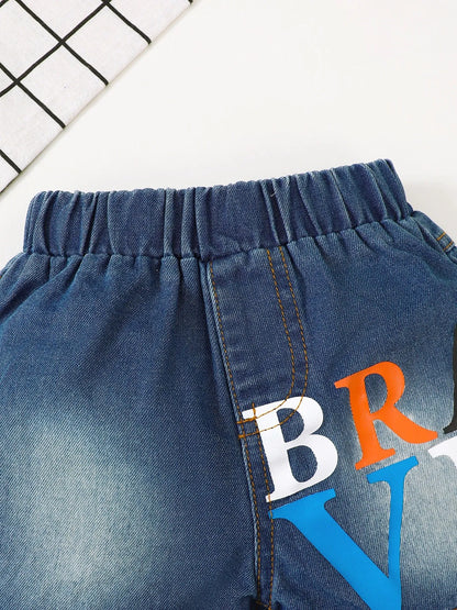 Children's Letter Round Neck Top and Denim Shorts Set Easy Apparels