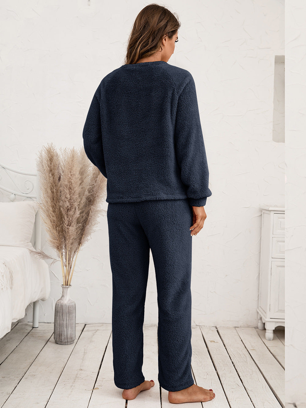 Ivy Lane Teddy Long Sleeve Top and Pants Lounge Set Easy Apparels