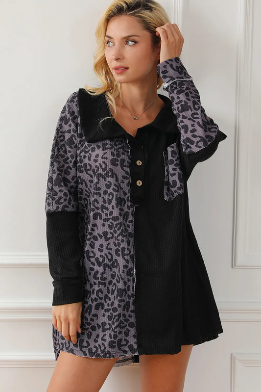 Trendsi Half Button Leopard Collared Neck Blouse Black