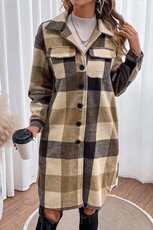 Plaid Button Down Longline Coat Khaki Easy Apparels