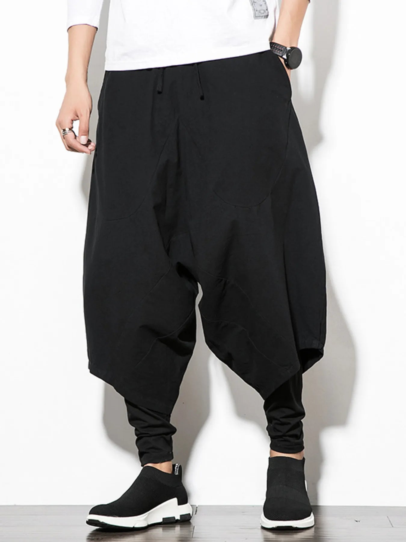 Men's Plus Size Wide Leg Drop Crotch Pants with Drawstring Black Easy Apparels