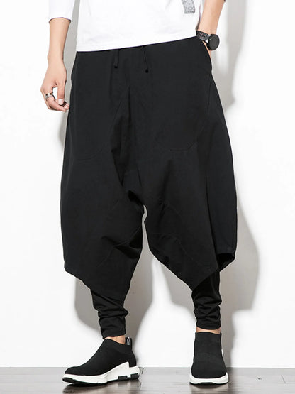 Men's Plus Size Wide Leg Drop Crotch Pants with Drawstring Black Easy Apparels