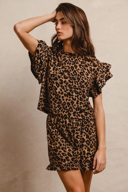 BiBi Leopard Print Waffle Texture Layered Ruffle Sleeve Top and Shorts Set Easy Apparels