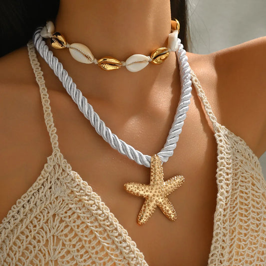 2-Piece Beaded Shell Starfish Rope Necklace Gold One Size Easy Apparels