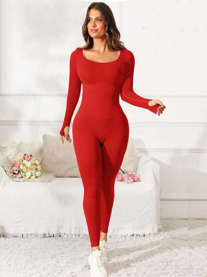 Scoop Neck Long Sleeve Active Jumpsuit Red Easy Apparels