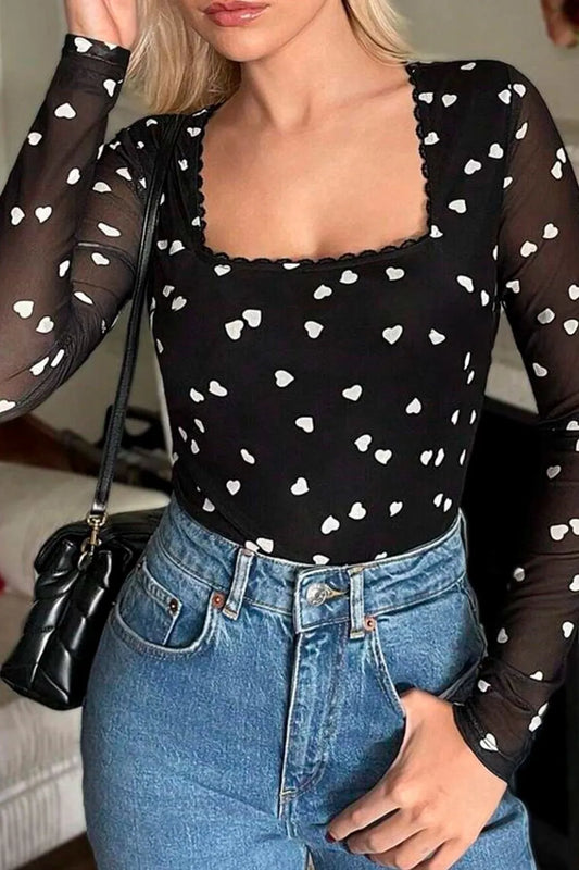 Trendsi Heart Square Neck Long Sleeve Bodysuit Black