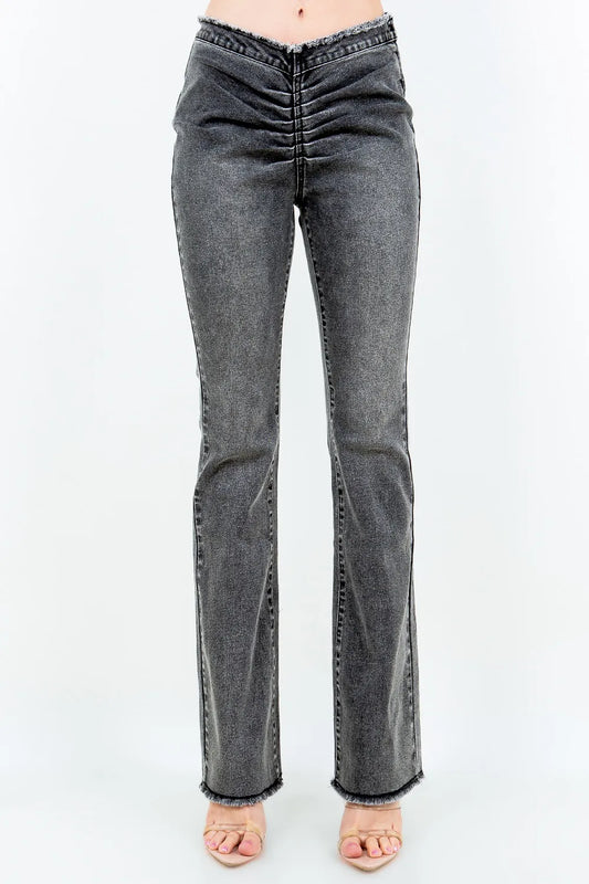 American Bazi V-Cut Ruched Flare Pants Black Easy Apparels