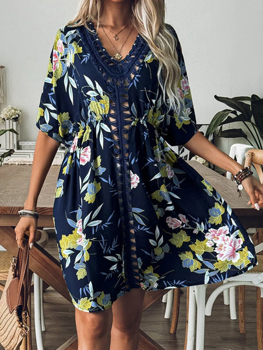 Crochet Front V-Neck Printed Cover-Up Dark Blue One Size Easy Apparels