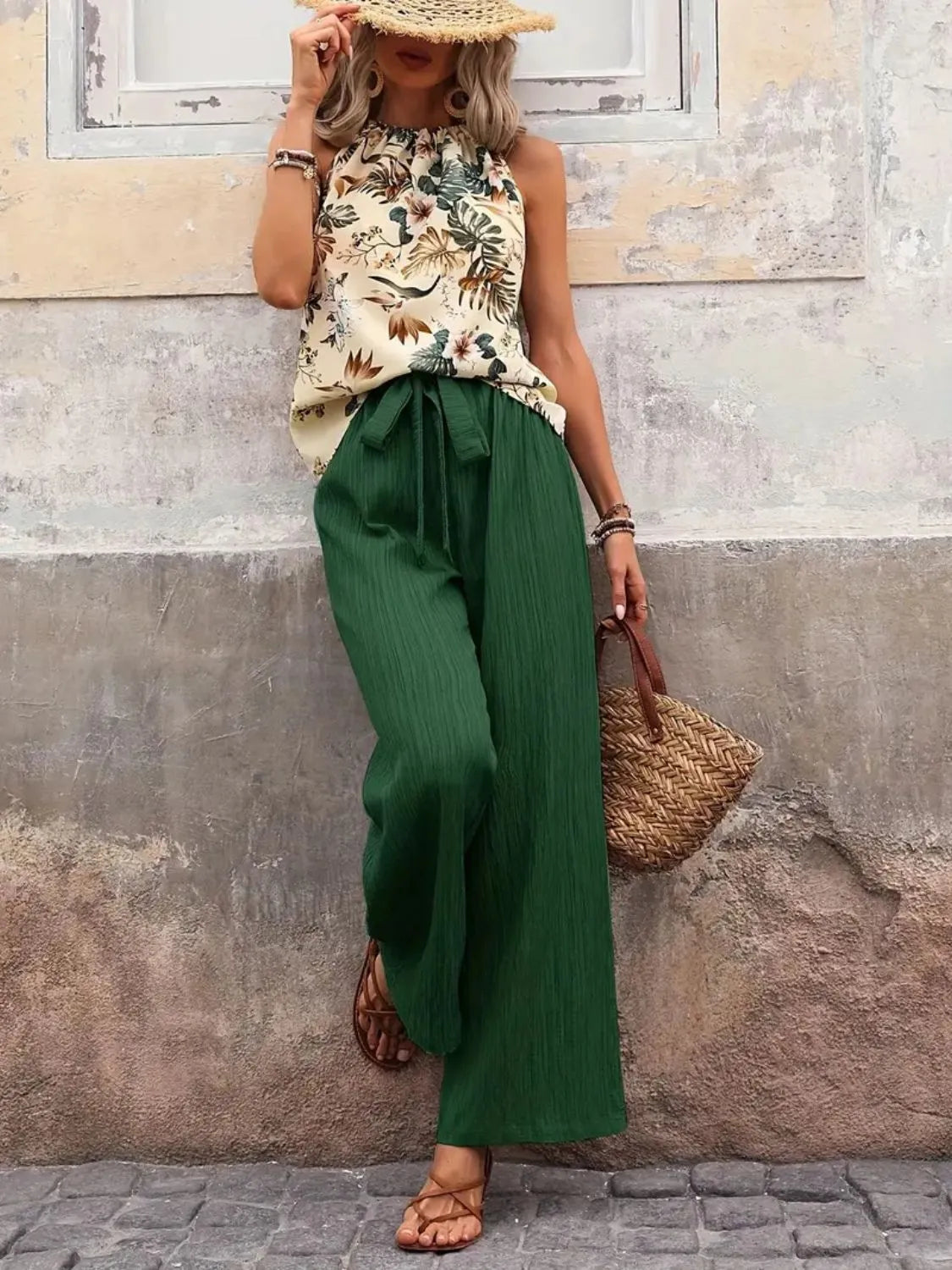 Printed Tank Top and Wide Leg Pants Set Easy Apparels