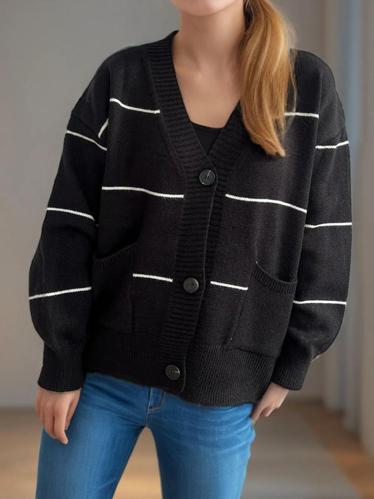Striped Button Down V-Neck Long Sleeve Cardigan Black One Size Easy Apparels